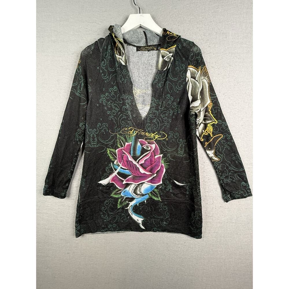 Vtg Ed Hardy Christian Audigier Knit Hoodie Sweater Womens XL Shark Rose Y2K‎